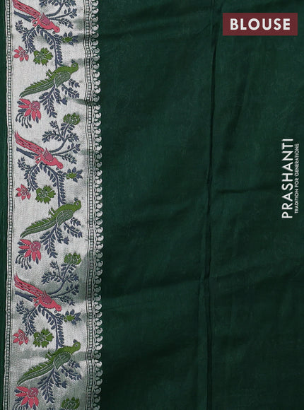 Banarasi raw silk saree dark green with silver zari woven geometric buttas and long silver zari woven border