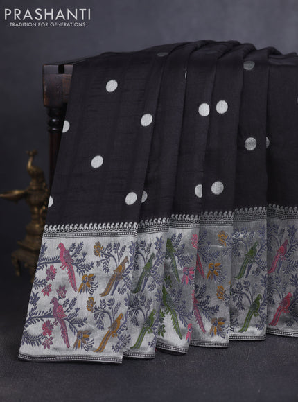 Banarasi raw silk saree black with silver zari woven geometric buttas and long silver zari woven border
