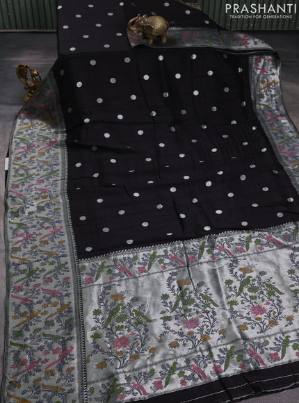 Banarasi raw silk saree black with silver zari woven geometric buttas and long silver zari woven border