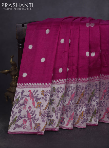 Banarasi raw silk saree pink with silver zari woven geometric buttas and long silver zari woven border