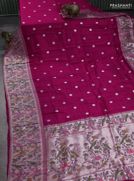 Banarasi raw silk saree pink with silver zari woven geometric buttas and long silver zari woven border