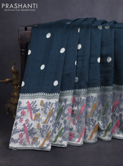 Banarasi raw silk saree dark peacock green with silver zari woven geometric buttas and long silver zari woven border