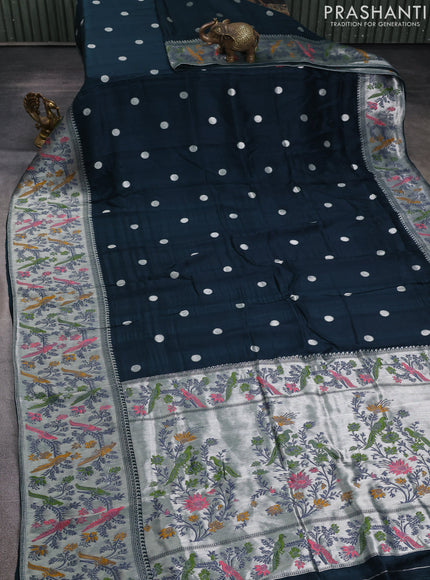 Banarasi raw silk saree dark peacock green with silver zari woven geometric buttas and long silver zari woven border