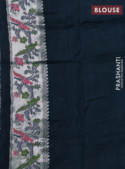 Banarasi raw silk saree dark peacock green with silver zari woven geometric buttas and long silver zari woven border