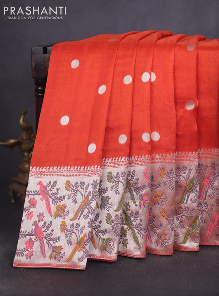 Banarasi raw silk saree orange with silver zari woven geometric buttas and long silver zari woven border