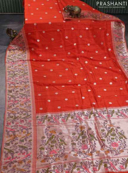 Banarasi raw silk saree orange with silver zari woven geometric buttas and long silver zari woven border