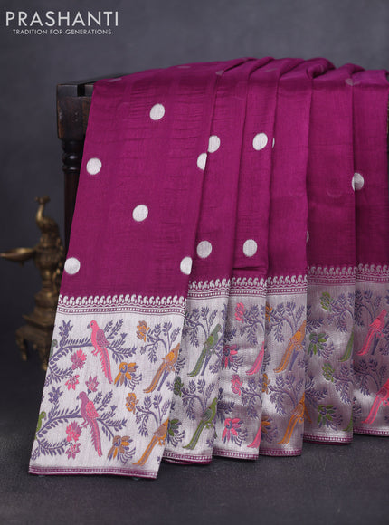 Banarasi raw silk saree purple with silver zari woven geometric buttas and long silver zari woven border