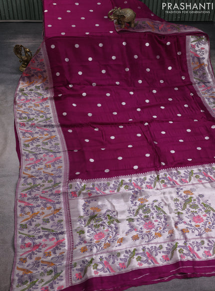Banarasi raw silk saree purple with silver zari woven geometric buttas and long silver zari woven border