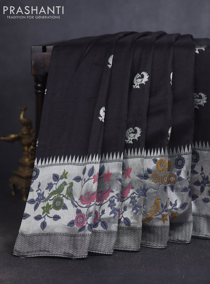 Banarasi raw silk saree black with silver zari woven peacock buttas and long silver zari woven border