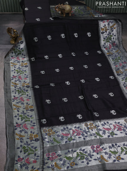 Banarasi raw silk saree black with silver zari woven peacock buttas and long silver zari woven border