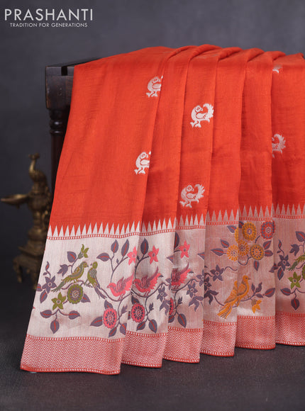 Banarasi raw silk saree orange with silver zari woven peacock buttas and long silver zari woven border