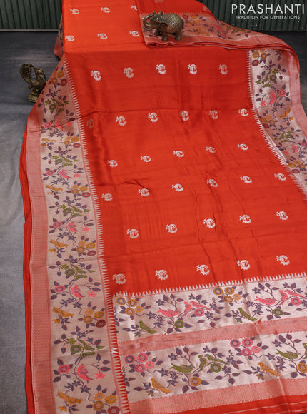 Banarasi raw silk saree orange with silver zari woven peacock buttas and long silver zari woven border