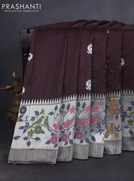 Banarasi raw silk saree coffee brown with silver zari woven peacock buttas and long silver zari woven border