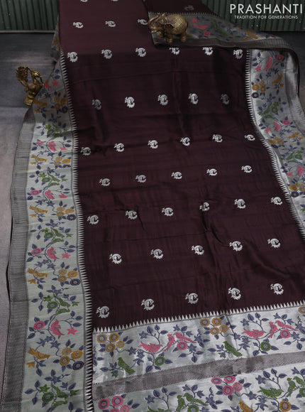 Banarasi raw silk saree coffee brown with silver zari woven peacock buttas and long silver zari woven border
