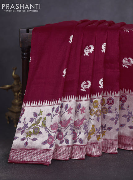Banarasi raw silk saree red with silver zari woven peacock buttas and long silver zari woven border
