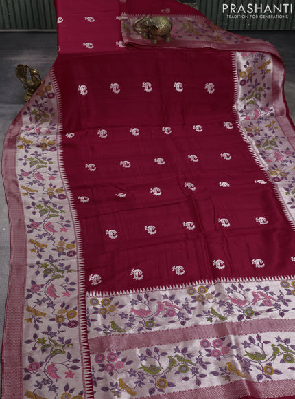 Banarasi raw silk saree red with silver zari woven peacock buttas and long silver zari woven border