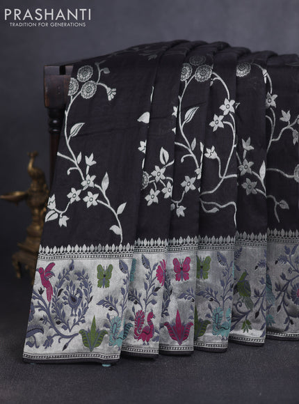 Banarasi raw silk saree black with allover floral silver zari weaves and thread & silver zari woven border