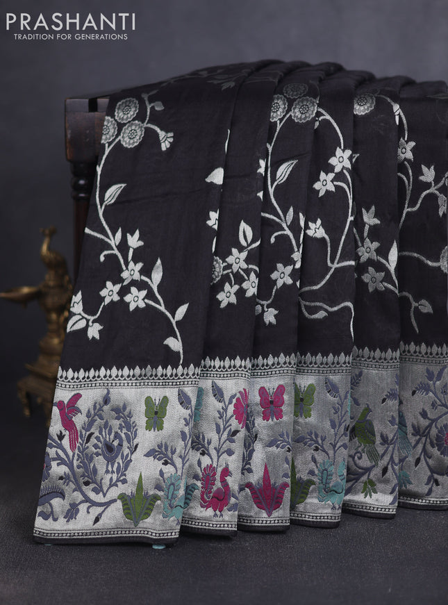 Banarasi raw silk saree black with allover floral silver zari weaves and thread & silver zari woven border