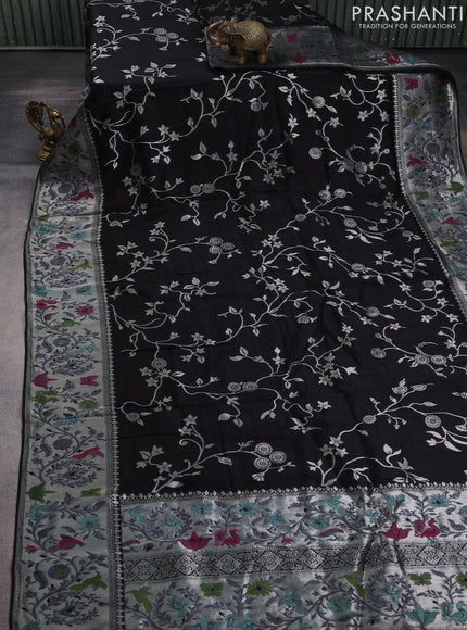 Banarasi raw silk saree black with allover floral silver zari weaves and thread & silver zari woven border