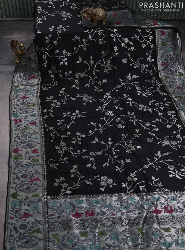 Banarasi raw silk saree black with allover floral silver zari weaves and thread & silver zari woven border