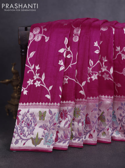 Banarasi raw silk saree pink with allover floral silver zari weaves and thread & silver zari woven border