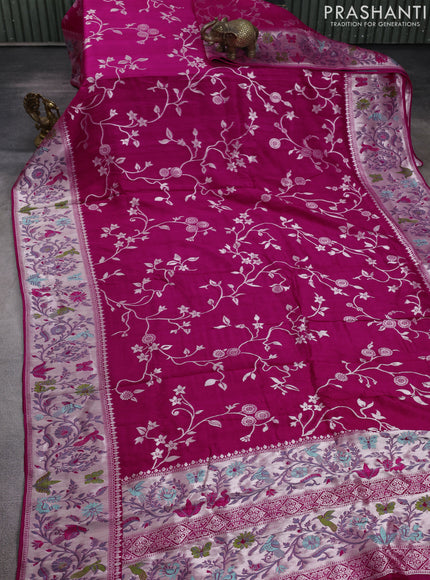 Banarasi raw silk saree pink with allover floral silver zari weaves and thread & silver zari woven border