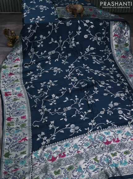 Banarasi raw silk saree dark peacock green with allover floral silver zari weaves and thread & silver zari woven border
