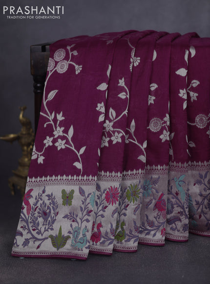 Banarasi raw silk saree wine shade with allover floral silver zari weaves and thread & silver zari woven border