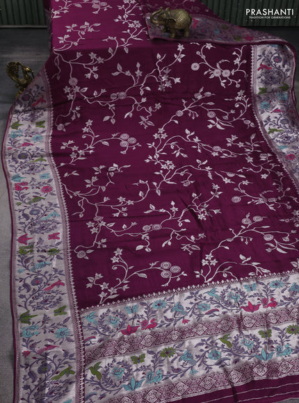 Banarasi raw silk saree wine shade with allover floral silver zari weaves and thread & silver zari woven border