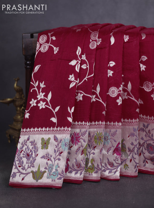 Banarasi raw silk saree red with allover floral silver zari weaves and thread & silver zari woven border