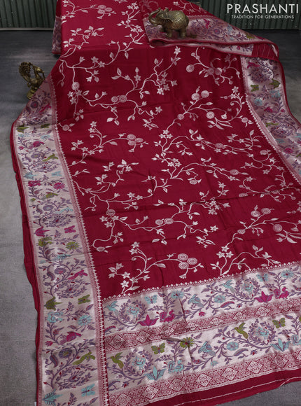 Banarasi raw silk saree red with allover floral silver zari weaves and thread & silver zari woven border