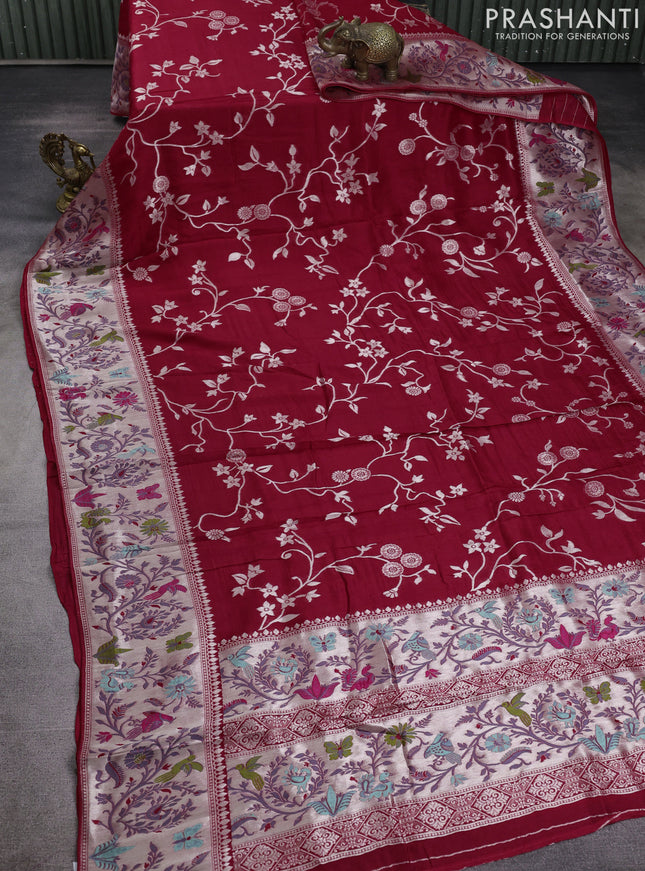 Banarasi raw silk saree red with allover floral silver zari weaves and thread & silver zari woven border