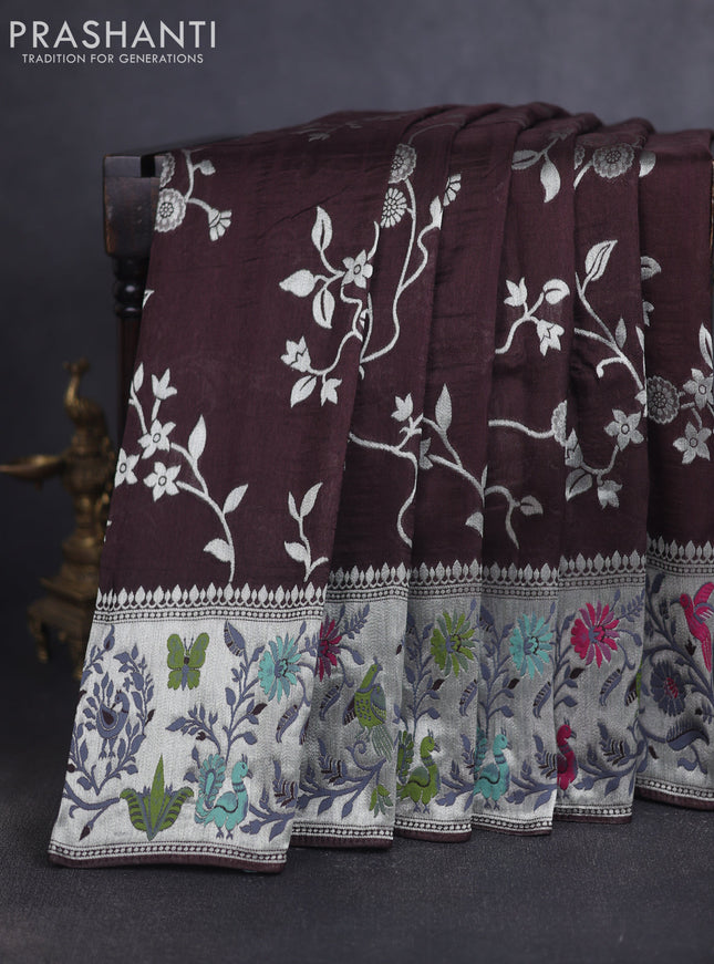 Banarasi raw silk saree coffee brown with allover floral silver zari weaves and thread & silver zari woven border