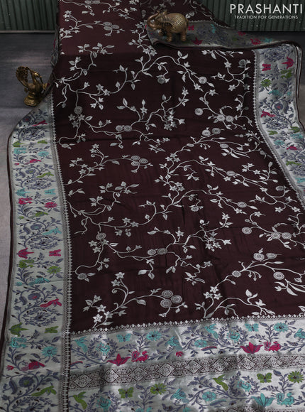 Banarasi raw silk saree coffee brown with allover floral silver zari weaves and thread & silver zari woven border