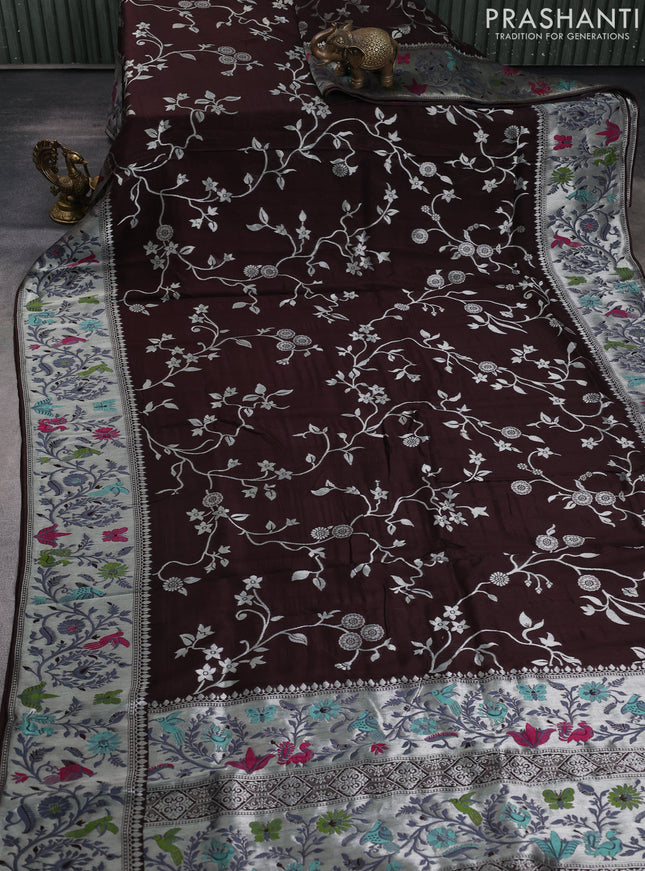 Banarasi raw silk saree coffee brown with allover floral silver zari weaves and thread & silver zari woven border