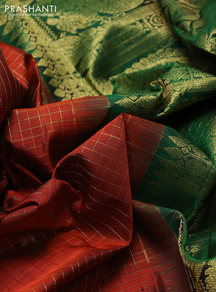 Pure kanchipuram silk saree rust shade and green with allover zari checks & buttas and zari woven border