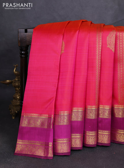Pure kanchipuram silk saree dual shade of pinkish orange and magenta pink with allover zari weaves & buttasand rettapet zari woven border
