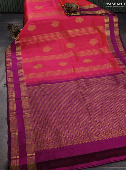 Pure kanchipuram silk saree dual shade of pinkish orange and magenta pink with allover zari weaves & buttasand rettapet zari woven border
