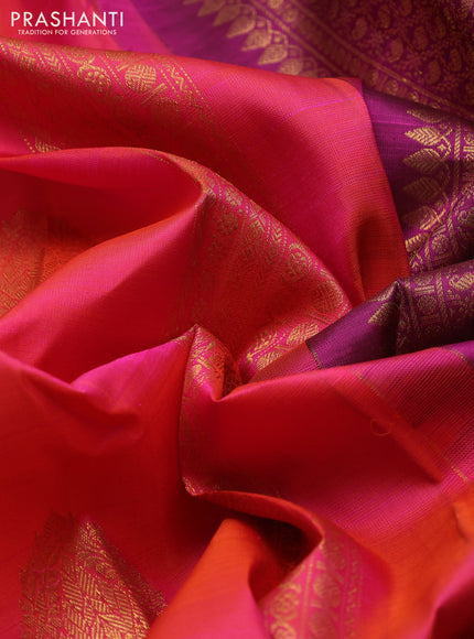 Pure kanchipuram silk saree dual shade of pinkish orange and magenta pink with allover zari weaves & buttasand rettapet zari woven border