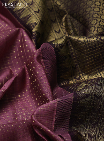 Pure kanchipuram silk saree rosy brown and deep jamun with allover zari woven lakshadeepam pattern and long rettapet zari woven border