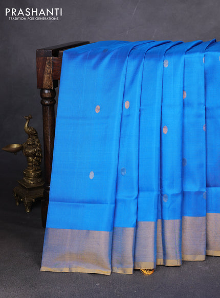 Pure uppada silk saree cs blue and mustard yellow with allover silver & zari woven buttas and zari woven border