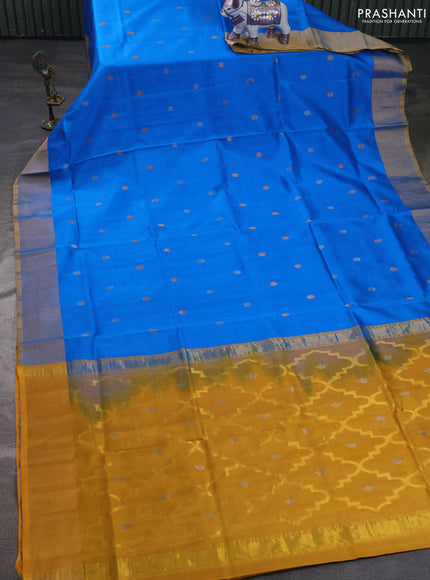 Pure uppada silk saree cs blue and mustard yellow with allover silver & zari woven buttas and zari woven border