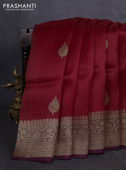 Banarasi organza silk saree maroon and wine shade with allover thread & zari woven buttas and banarasi style border