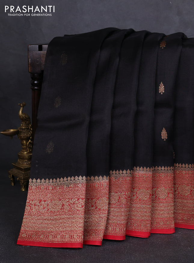 Banarasi organza silk saree black and maroon with allover thread & zari woven buttas and banarasi style border