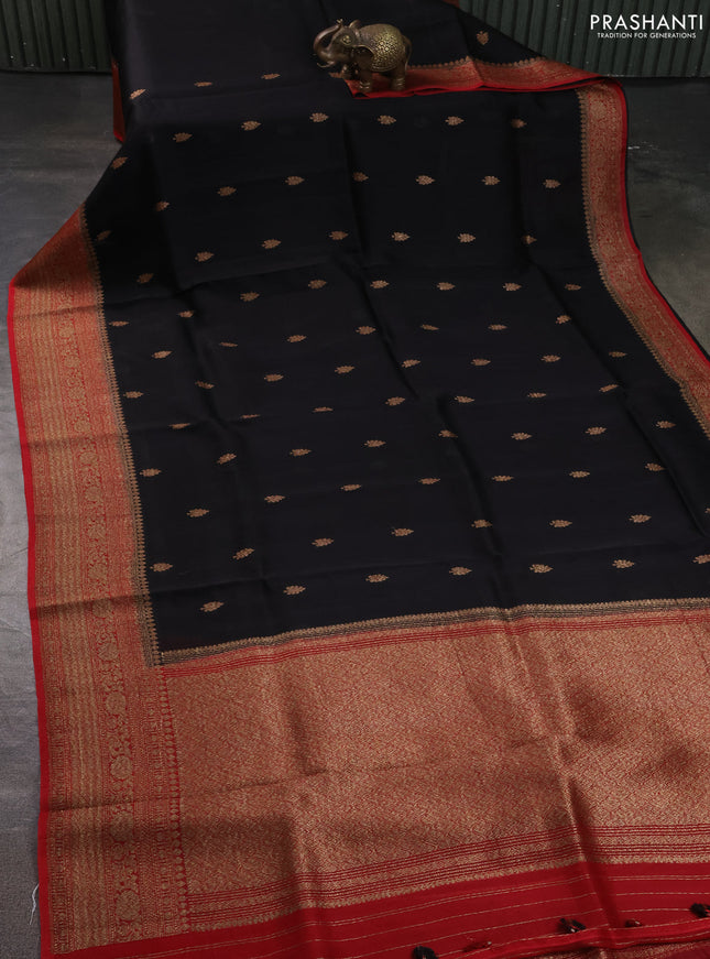 Banarasi organza silk saree black and maroon with allover thread & zari woven buttas and banarasi style border