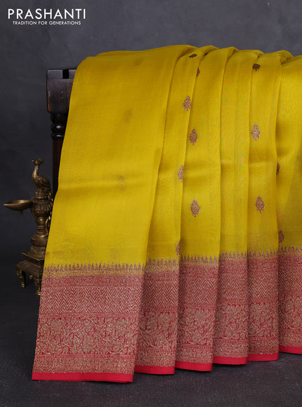 Banarasi organza silk saree yellow and red with allover thread & zari woven buttas and banarasi style border