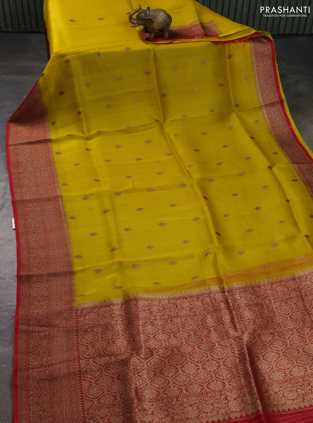 Banarasi organza silk saree yellow and red with allover thread & zari woven buttas and banarasi style border