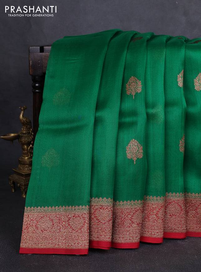 Banarasi organza silk saree green and red with allover thread & zari woven buttas and banarasi style border