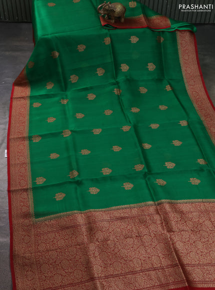 Banarasi organza silk saree green and red with allover thread & zari woven buttas and banarasi style border