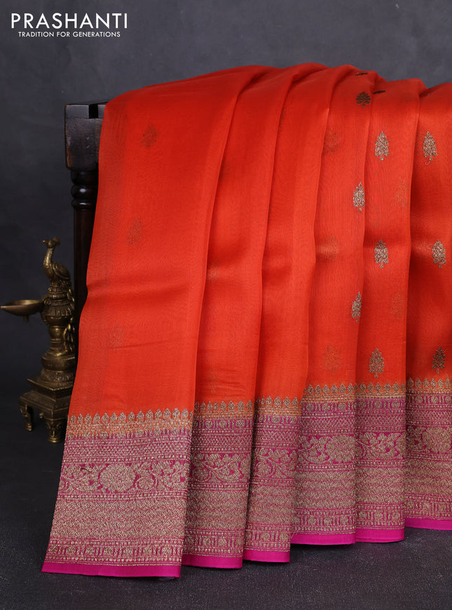 Banarasi organza silk saree orange and pink with allover thread & zari woven buttas and banarasi style border
